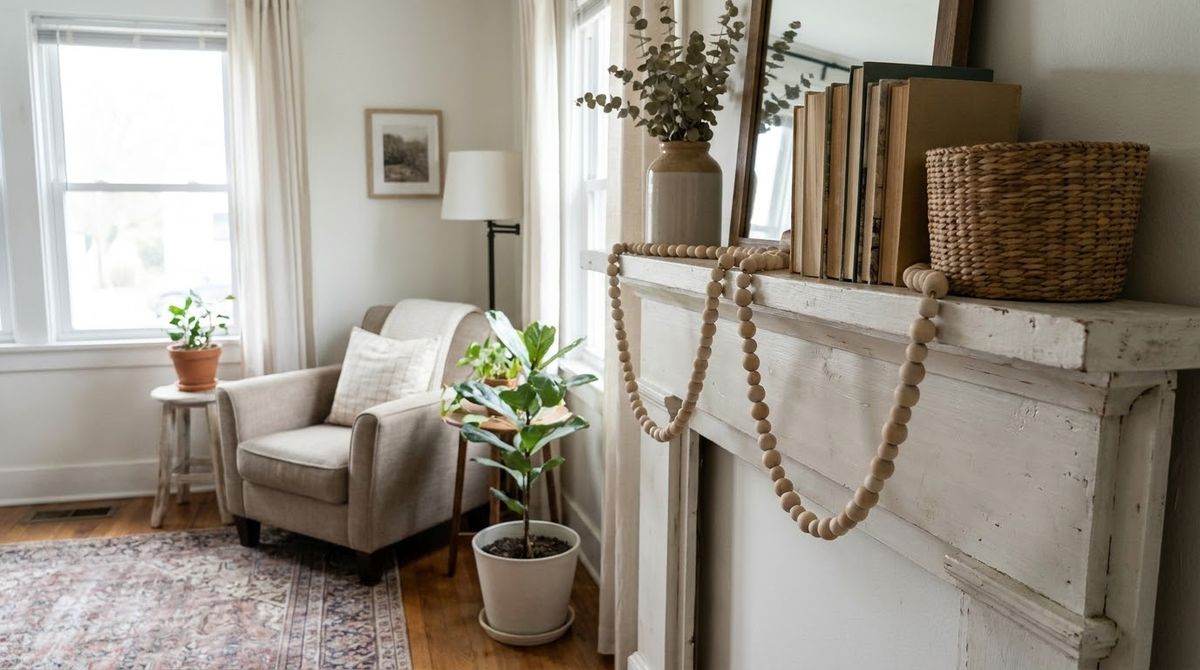 Wood Bead Garland: fall mantel decor idea Wood Bead Garland: fall mantel decor idea