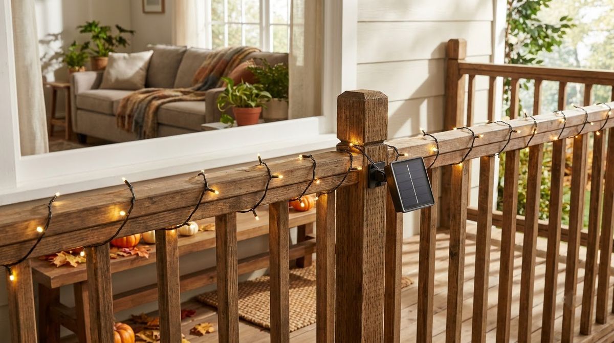 Solar String Lights on the Rail: fall front porch ideas idea Solar String Lights on the Rail: fall front porch ideas idea
