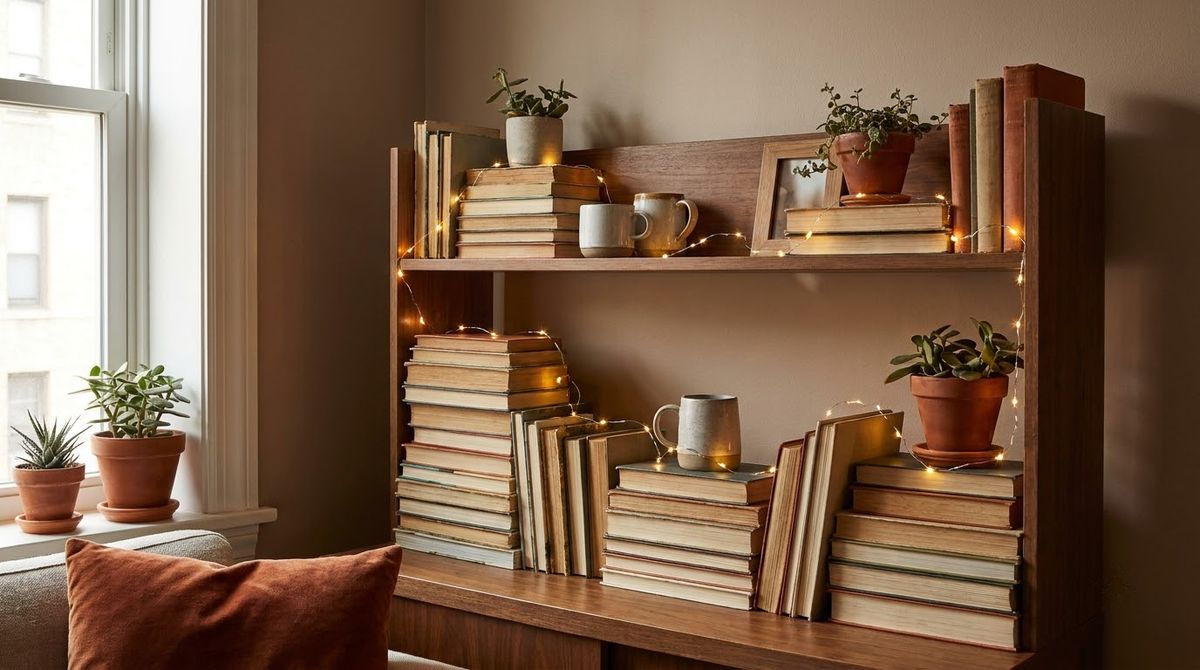 Battery Fairy Lights on a Shelf: cozy fall decor for apartments idea Battery Fairy Lights on a Shelf: cozy fall decor for apartments idea