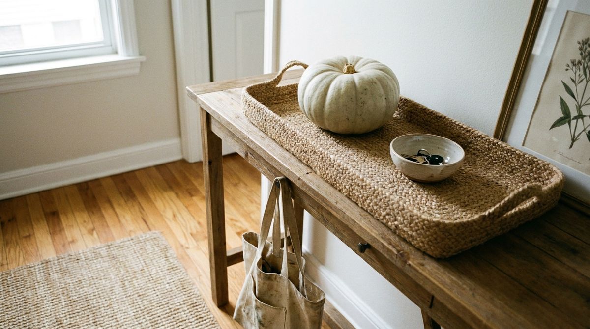 Entry Console With One Pumpkin and a Tray: neutral fall decor ideas idea Entry Console With One Pumpkin and a Tray: neutral fall decor ideas idea