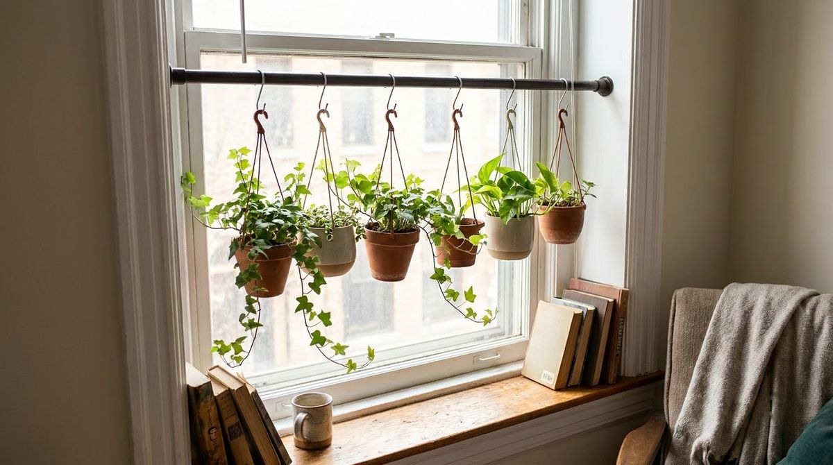 Tension Rod Across a Window Frame: indoor hanging plant ideas idea