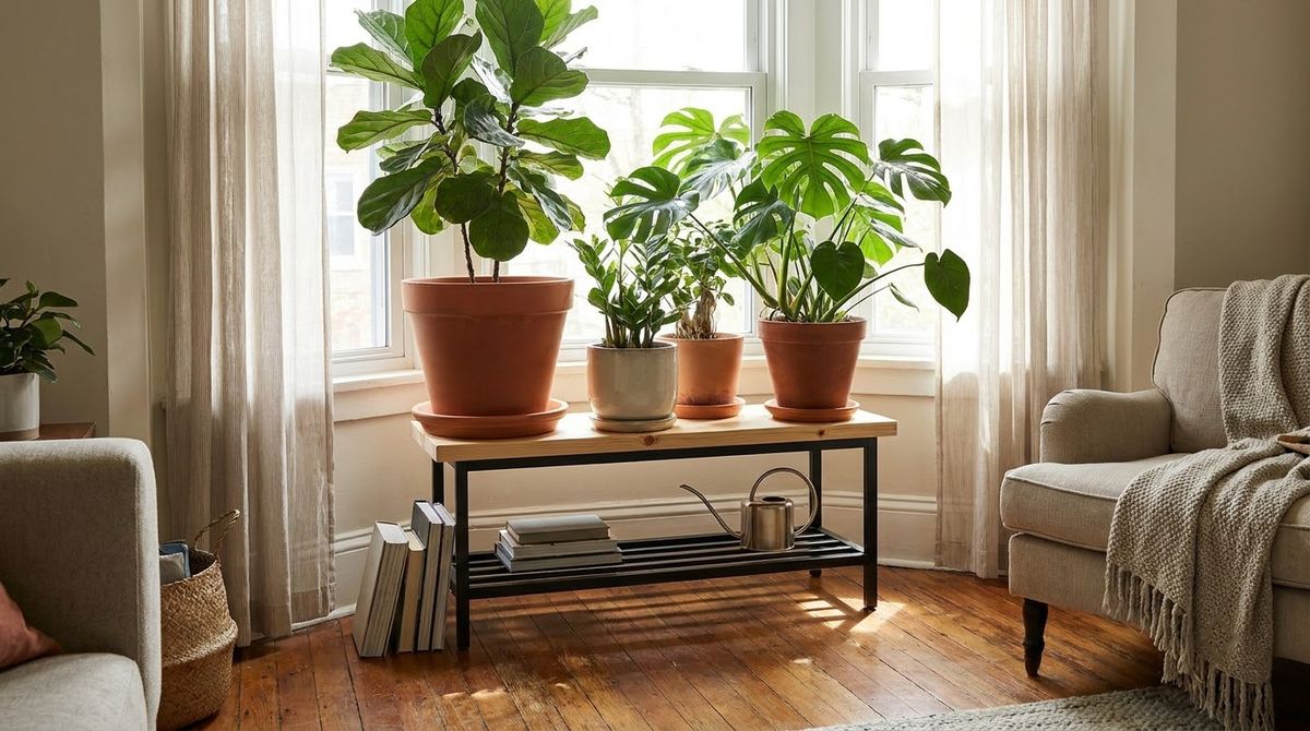 Wide Pine Stand With Room for Big Pots: plant shelf ideas idea