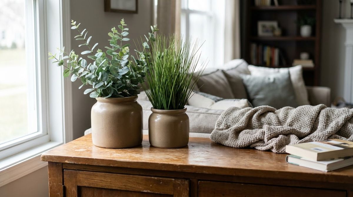 Eucalyptus and Grass in Pots: faux plants that look real idea Eucalyptus and Grass in Pots: faux plants that look real idea