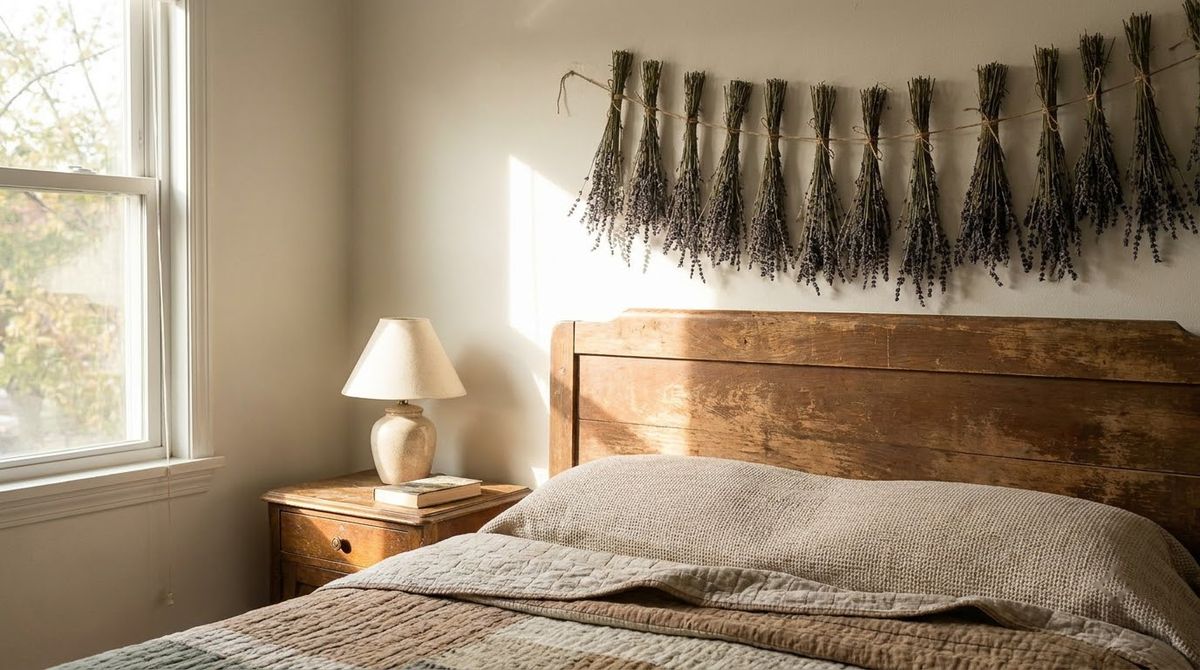 Dried Lavender Bundle Over the Headboard: cottagecore bedroom ideas idea