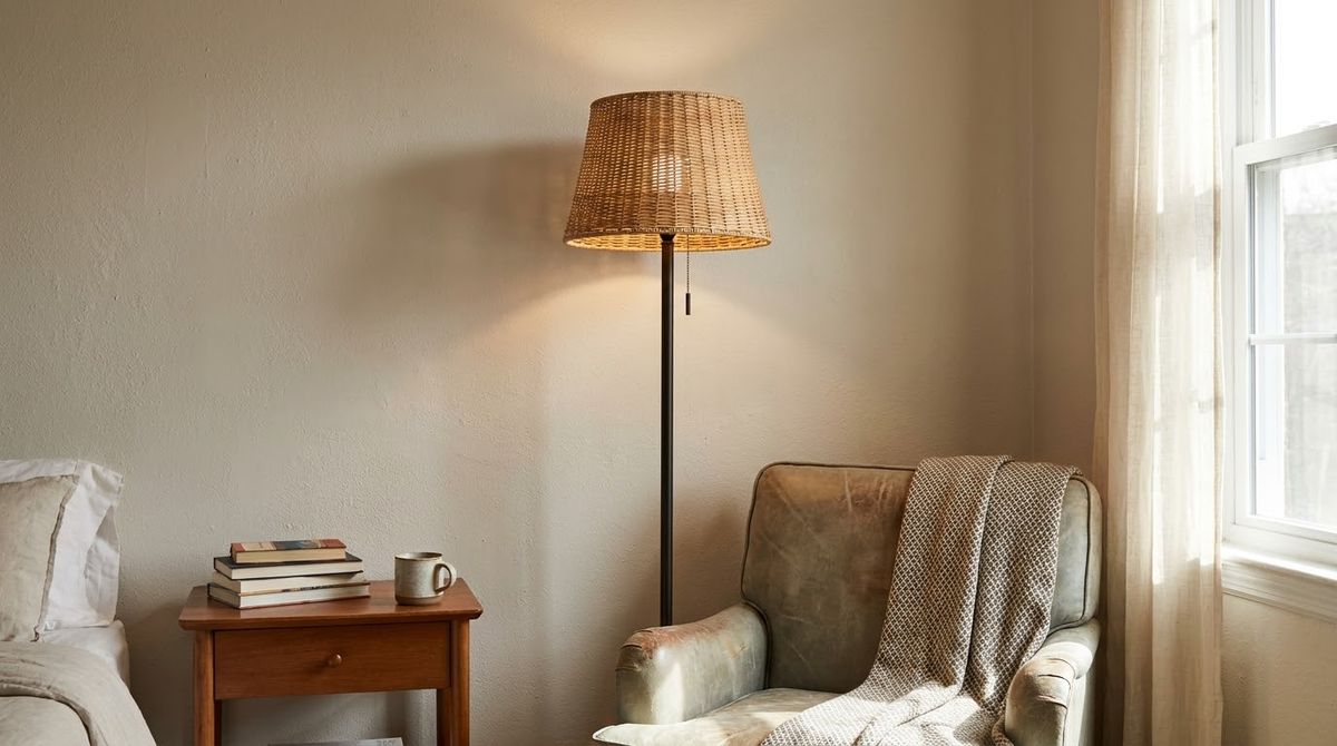 Rattan-Shade Floor Lamp in the Corner: cottagecore bedroom ideas idea