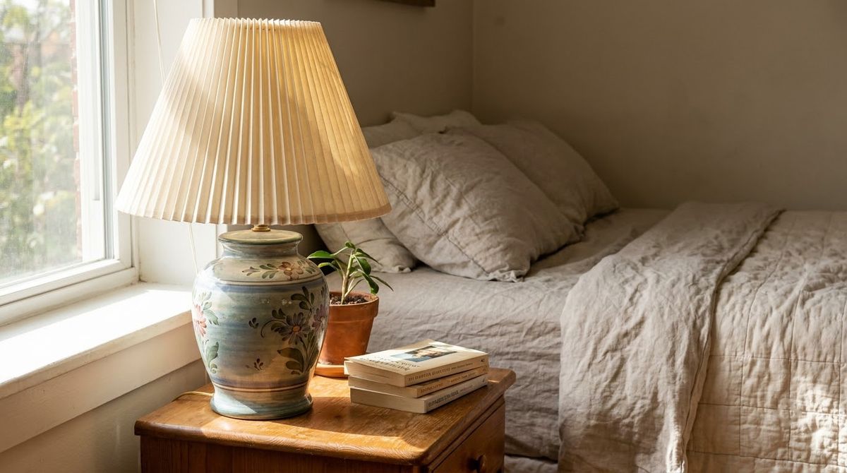 Ceramic Table Lamp With a Pleated Shade: cottagecore bedroom ideas idea