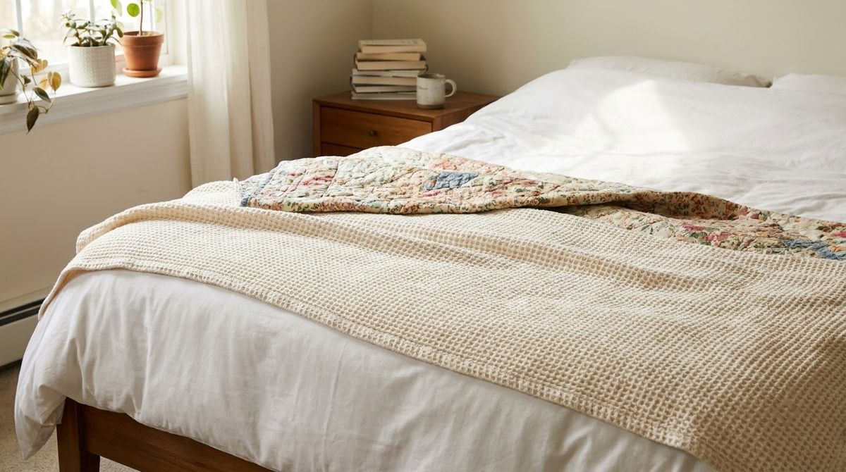 Waffle-Weave Cotton Blanket as the Middle Layer: cottagecore bedroom ideas idea