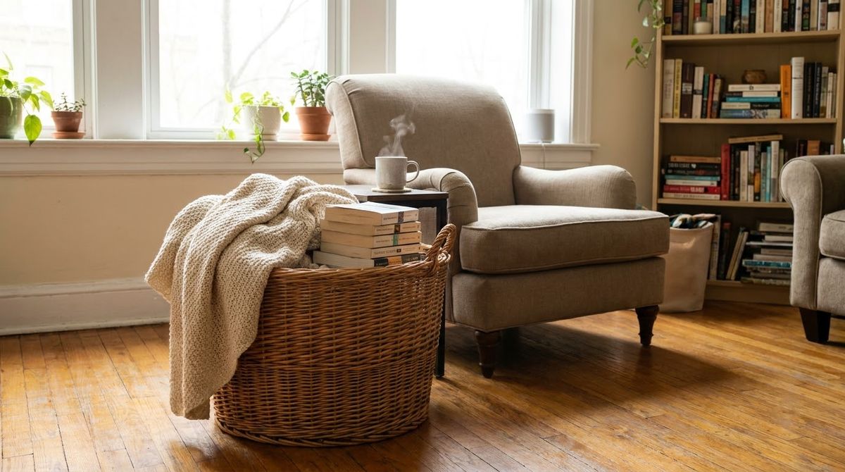 Wicker Basket Library: cottagecore windowsills reading corners idea Wicker Basket Library: cottagecore windowsills reading corners idea
