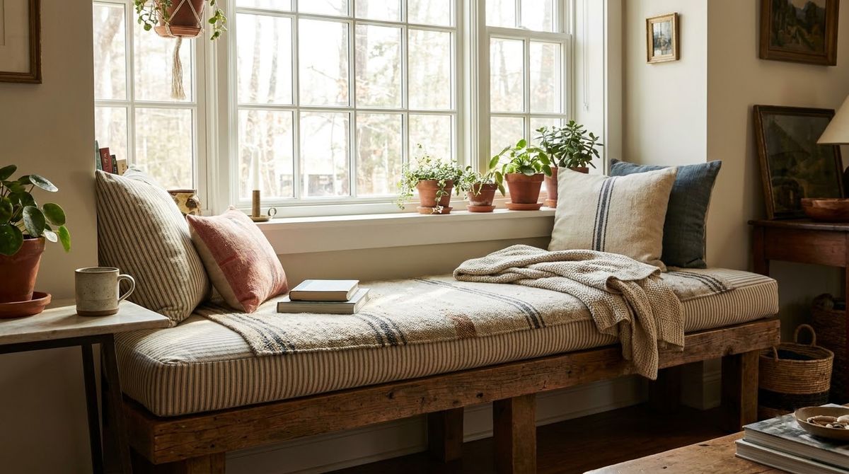 Window Seat Cushion on a Bench: cottagecore windowsills reading corners idea Window Seat Cushion on a Bench: cottagecore windowsills reading corners idea