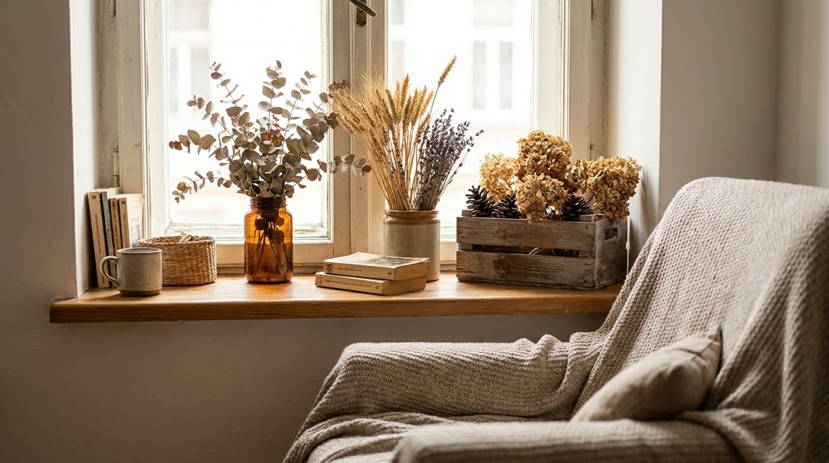 Dried-Only Sill for a North Window: cottagecore windowsills reading corners idea Dried-Only Sill for a North Window: cottagecore windowsills reading corners idea