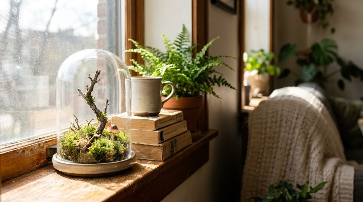 Moss Terrarium Under a Glass Cloche: cottagecore windowsills reading corners idea Moss Terrarium Under a Glass Cloche: cottagecore windowsills reading corners idea