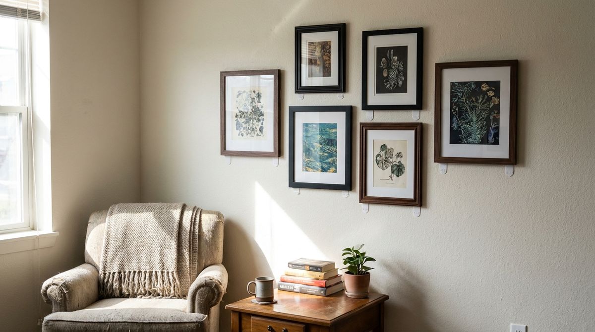 Dark-Framed Print Gallery on Adhesive Strips: dark academia bedroom ideas idea Dark-Framed Print Gallery on Adhesive Strips: dark academia bedroom ideas idea