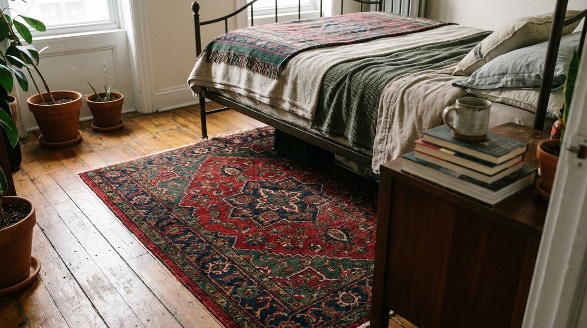 A Persian-Style Rug Beside the Bed: dark academia bedroom ideas idea A Persian-Style Rug Beside the Bed: dark academia bedroom ideas idea