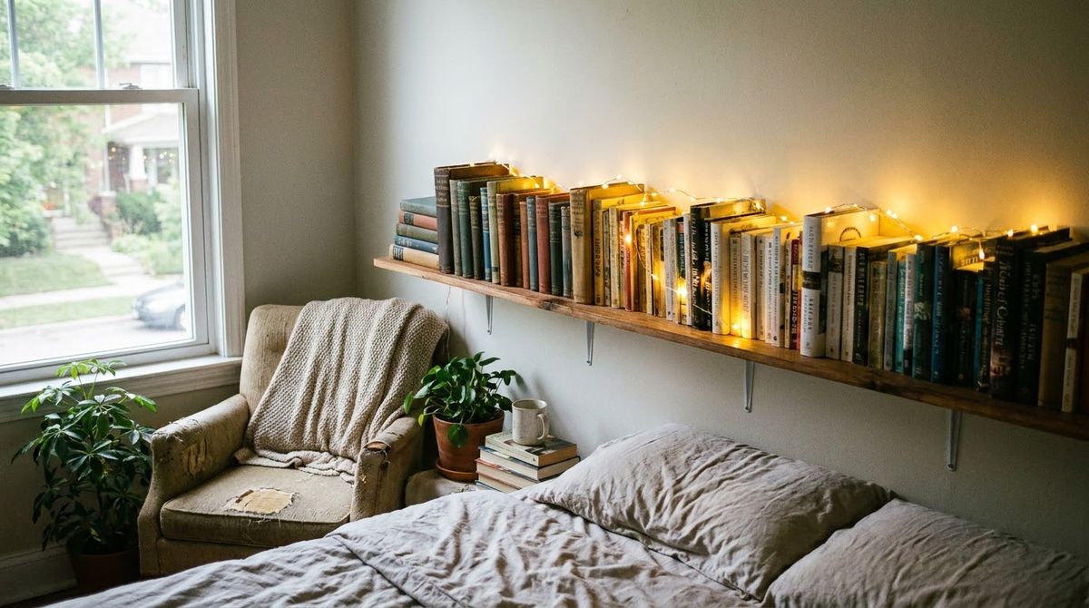 Fairy Lights Behind a Row of Books: dark academia bedroom ideas idea Fairy Lights Behind a Row of Books: dark academia bedroom ideas idea
