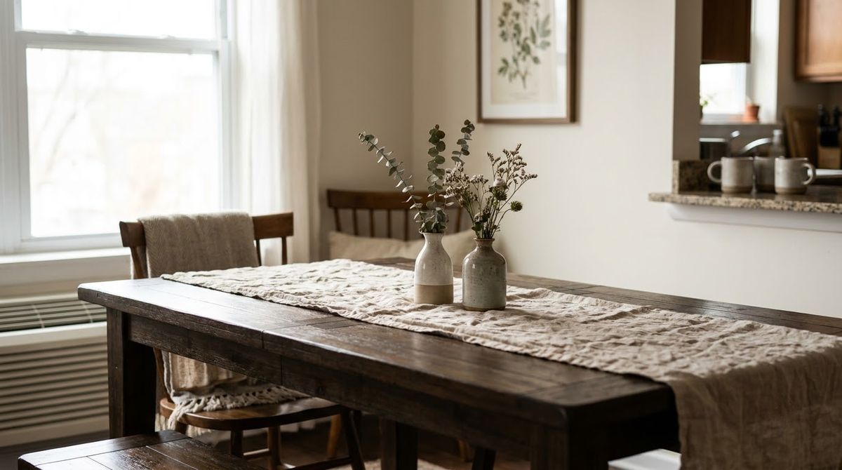 Linen Runner and Two Bud Vases: farmhouse kitchen makeover idea