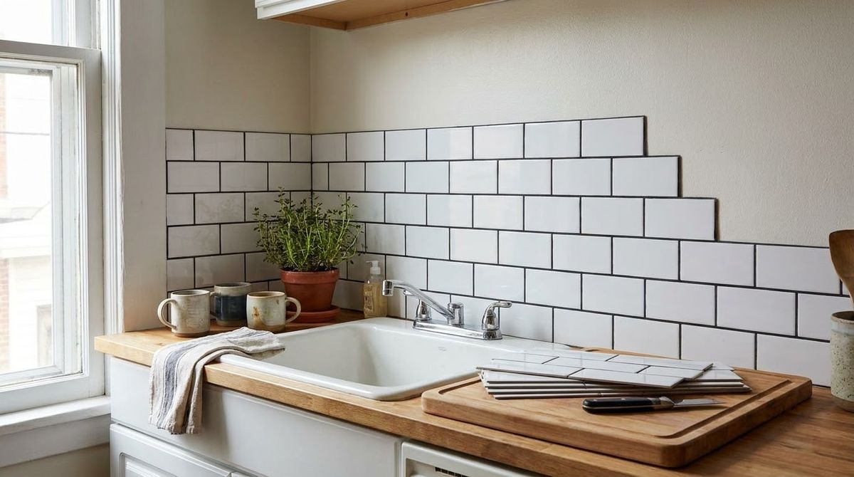 Peel-and-Stick Subway Backsplash: farmhouse kitchen makeover idea