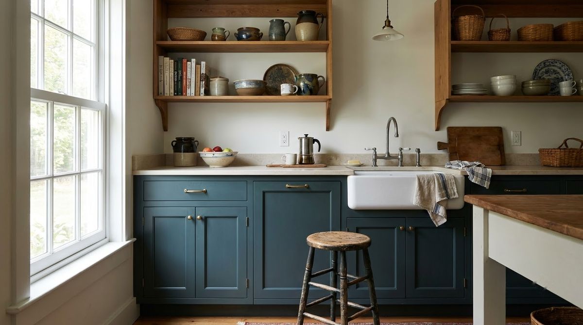 Painted Lower Cabinets With Open Uppers: farmhouse kitchen makeover idea