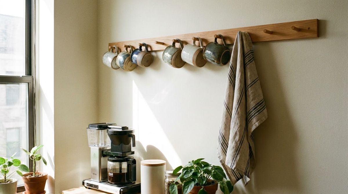 Shaker Peg Rail for Mugs and Towels: farmhouse kitchen makeover idea