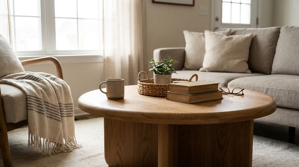 A Round Natural Wood Coffee Table: coastal living room ideas idea