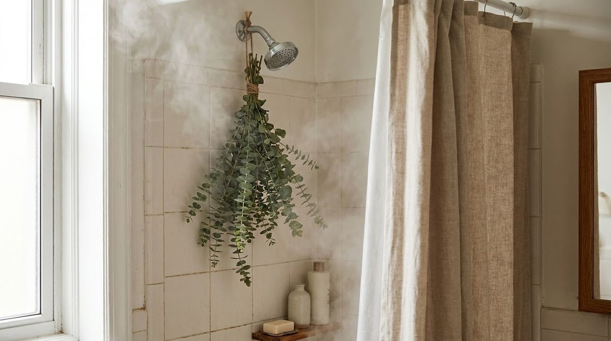 Eucalyptus on the Shower Head: aesthetic coastal bathrooms and bedrooms idea