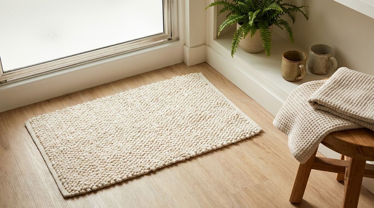 A Textured Cotton Bath Mat: aesthetic coastal bathrooms and bedrooms idea