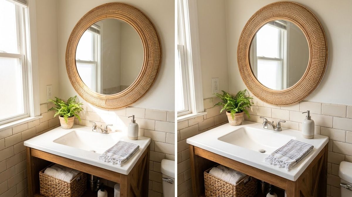 A Round Rattan Mirror in Place of a Builder Mirror: aesthetic coastal bathrooms and bedrooms idea