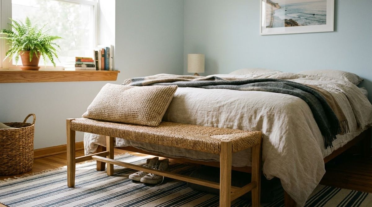 A Woven Bench at the Foot of the Bed: aesthetic coastal bathrooms and bedrooms idea