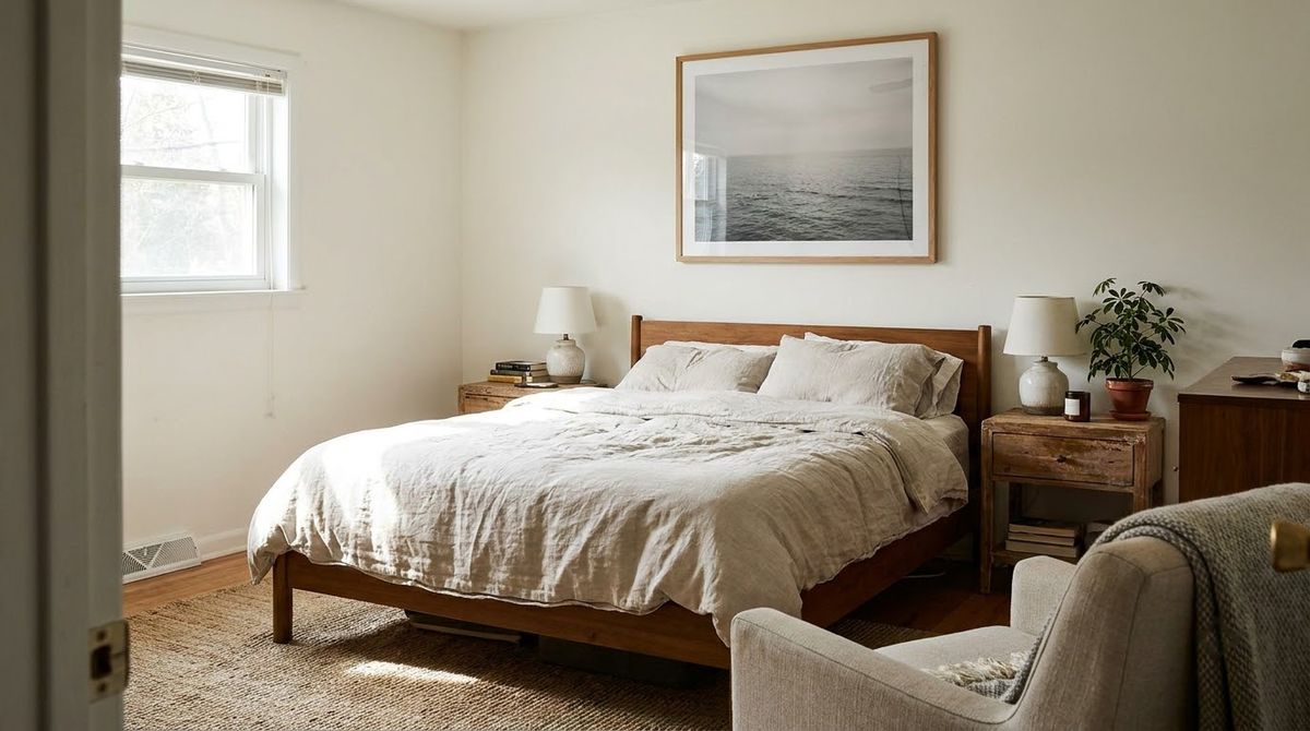 One Muted Seascape Above the Bed: aesthetic coastal bathrooms and bedrooms idea