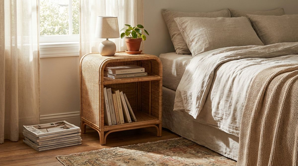 A Rattan Nightstand: aesthetic coastal bathrooms and bedrooms idea