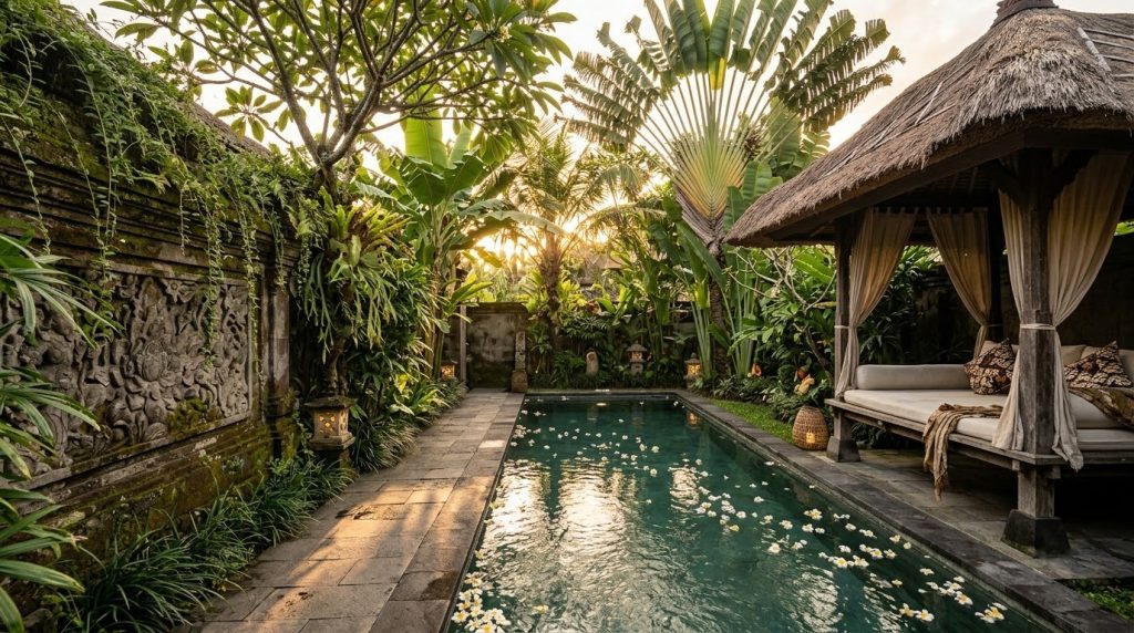Private plunge pool and thatched pavilion in a Seminyak villa garden at sunset, Bali