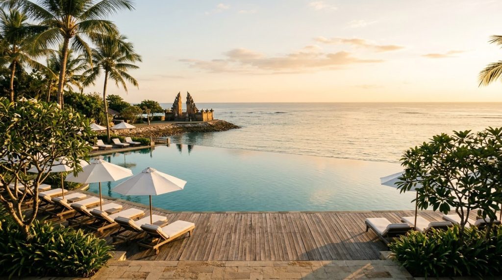 Resort infinity pool overlooking the ocean at sunset in Nusa Dua, Bali