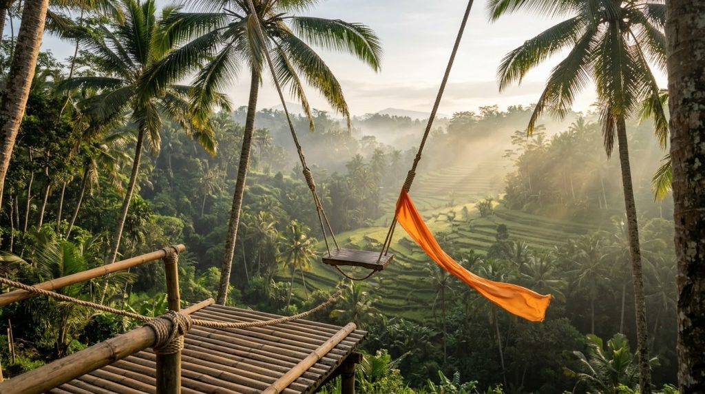 Jungle swing above a green valley near Ubud, Bali, in morning light