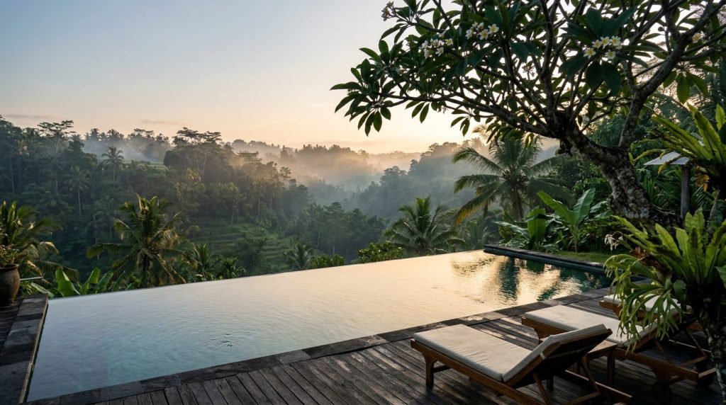 Private infinity pool overlooking a misty jungle valley at an Ubud villa in Bali