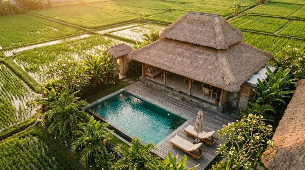 Private pool villa among palms and rice fields at golden hour in Canggu, Bali