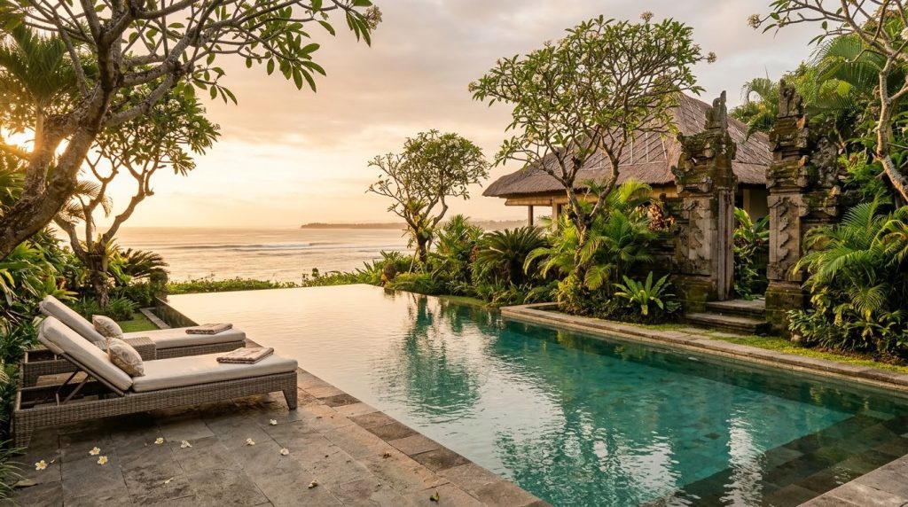 Private pool villa garden with frangipani and loungers at sunset in Sanur, Bali