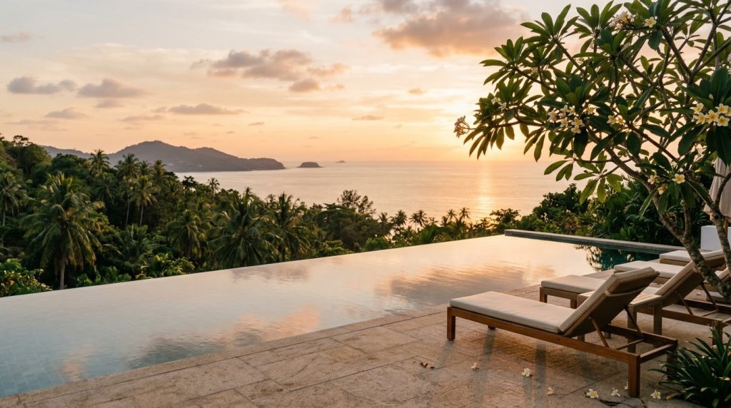 Private infinity pool at a hillside Phuket villa overlooking the Andaman Sea at sunset