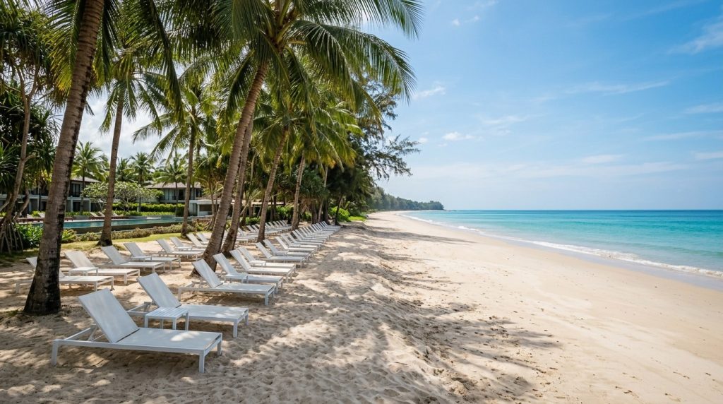 Quiet Mai Khao beach in Phuket with sun loungers under palm trees at low tide