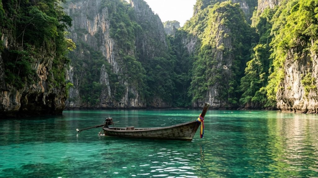 Pileh Lagoon on Phi Phi Leh with limestone cliffs and a longtail boat on emerald water