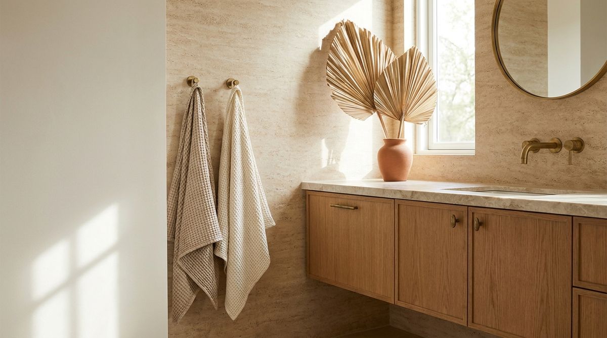 Travertine-look peel-and-stick wall in a rental bathroom Travertine-look peel-and-stick wall in a rental bathroom