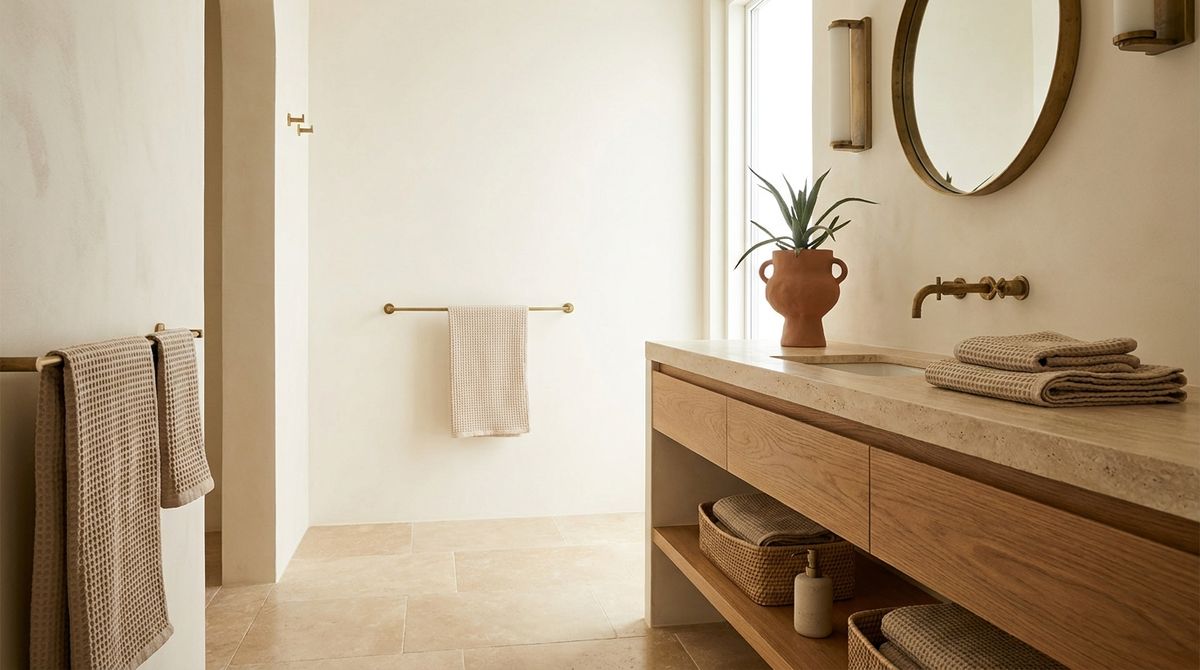 Modern minimalist bathroom with floating vanity and matte black hardware Modern minimalist bathroom with floating vanity and matte black hardware