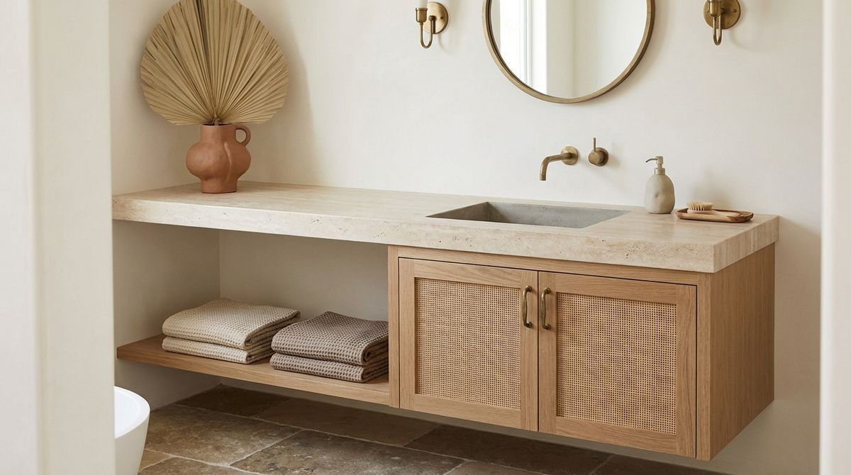 Cane-front, concrete, and earth-tone vanity refreshes Cane-front, concrete, and earth-tone vanity refreshes