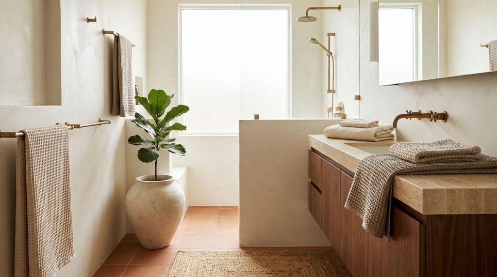 Bathroom Layering: Mix Linen, Stone, Brass Without Chaos