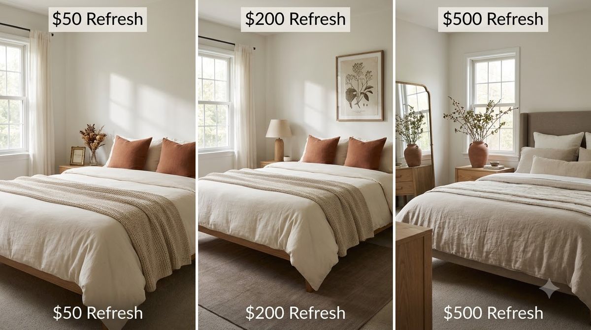 How Much Does a Bedroom Refresh Cost? — Bedroom Decor Budget: $50, $200, $500 Makeover Breakdown How Much Does a Bedroom Refresh Cost? — Bedroom Decor Budget: $50, $200, $500 Makeover Breakdown