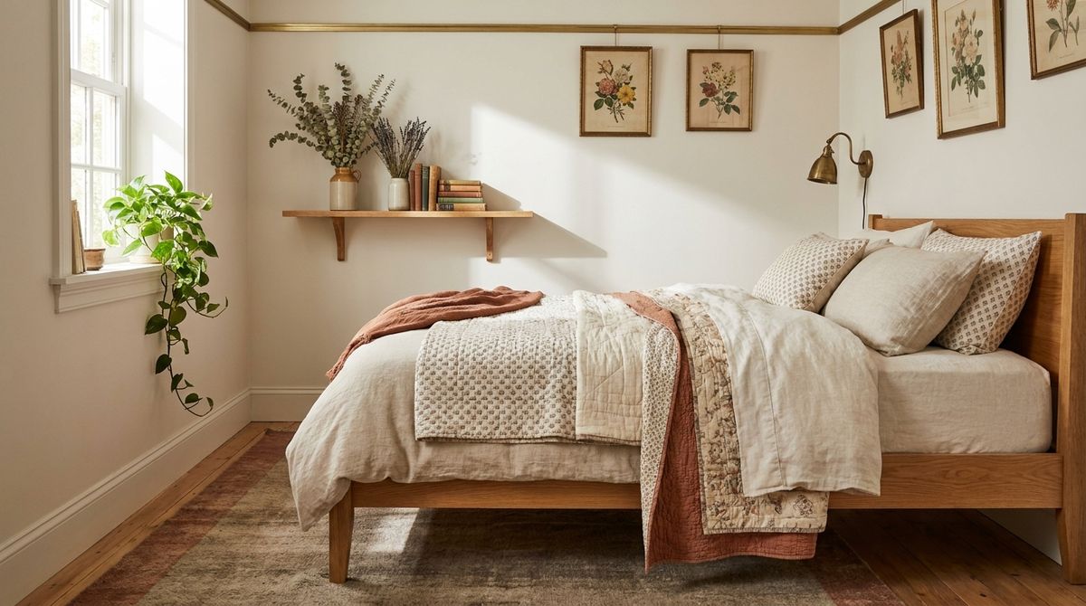 Cottagecore bedroom floral prints vintage linen and dried flowers