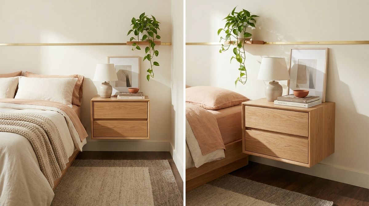Stacked layered nightstand styling bedroom