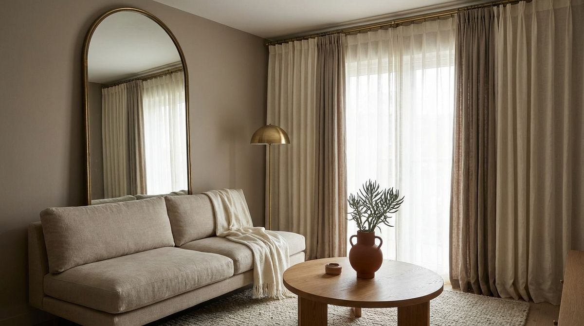 Mirror and curtain placement in a small living room