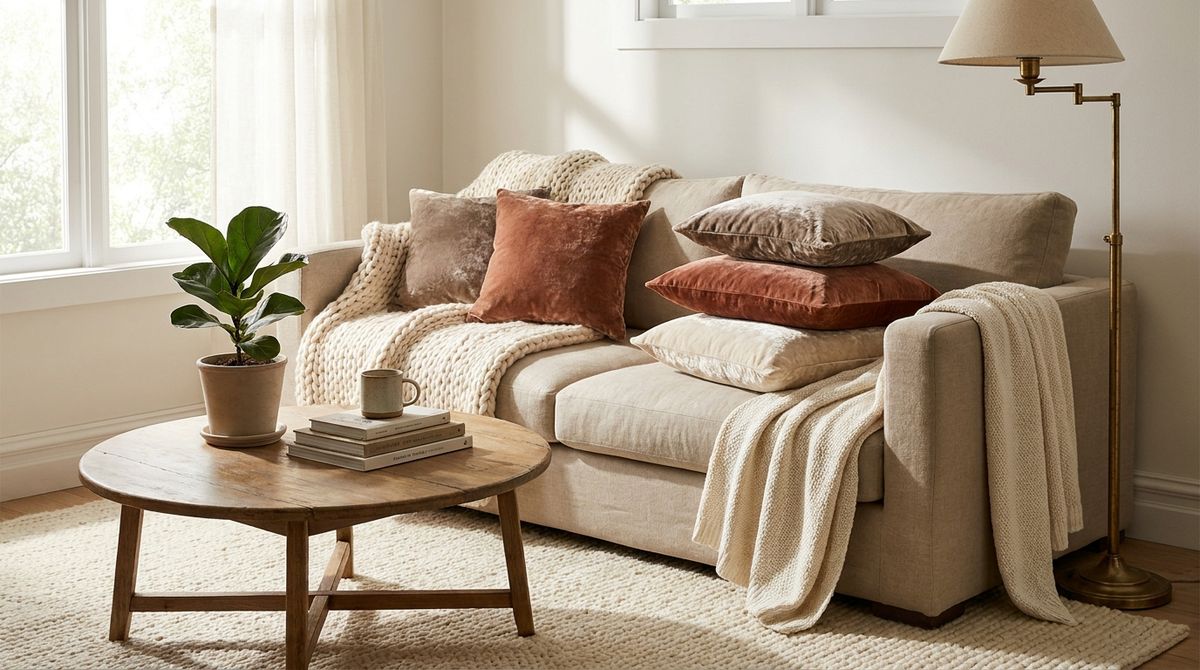 Amazon living room textile finds - chunky knit throw and velvet pillow styling on rental sofa Amazon living room textile finds - chunky knit throw and velvet pillow styling on rental sofa