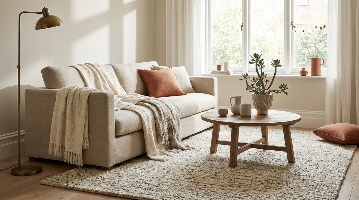 cozy living room setup — editorial home decor styled scene with natural daylight and renter-friendly setup