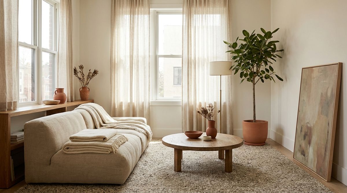 living room trends 2026 — editorial home decor styled scene with natural daylight and renter-friendly setup