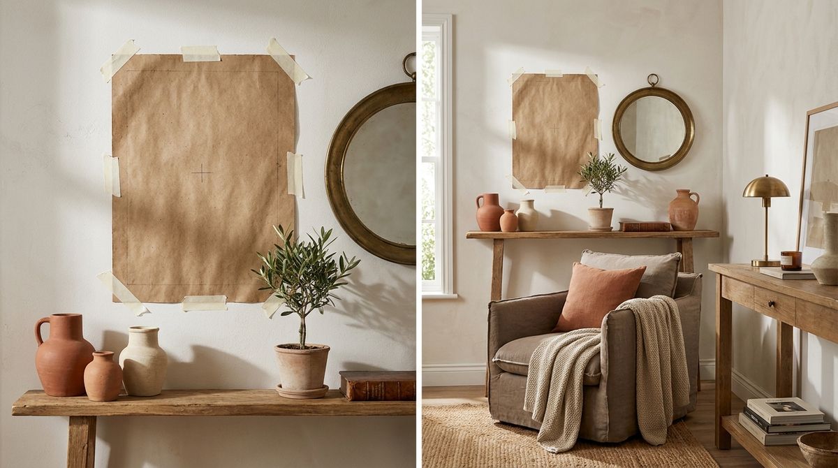 Paper template taped to white wall with pencil mark showing hanging point